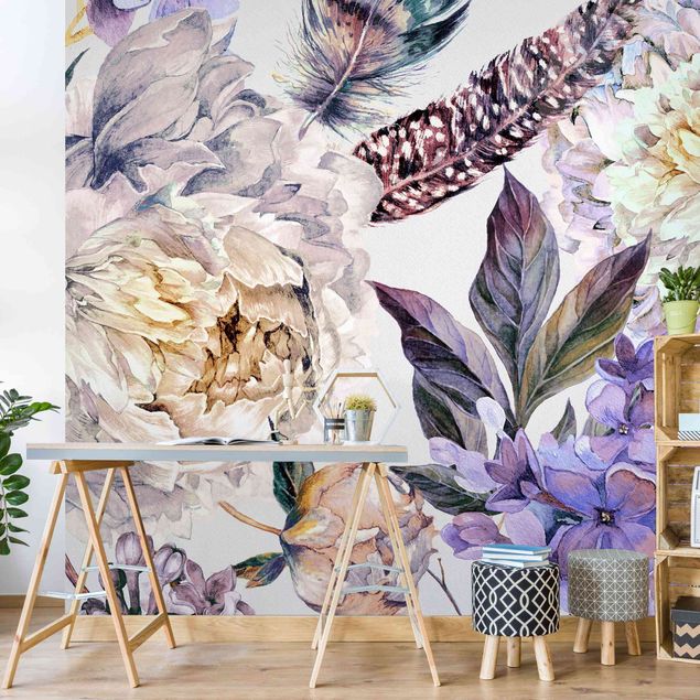Papel de parede padrões Delicate Watercolour Boho Flowers And Feathers Pattern