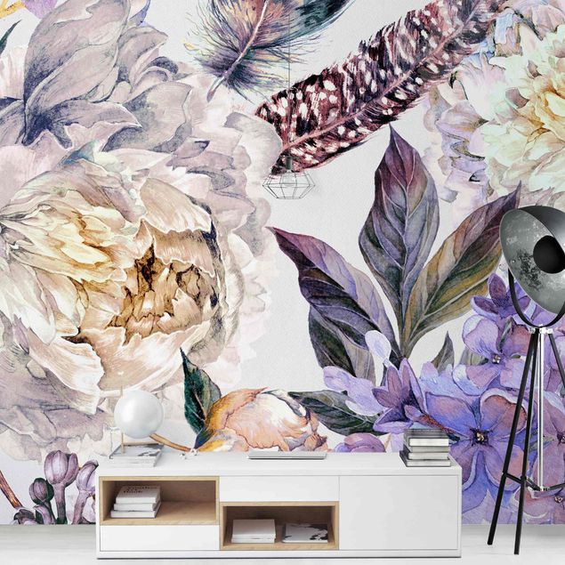 papel de parede moderno para sala Delicate Watercolour Boho Flowers And Feathers Pattern