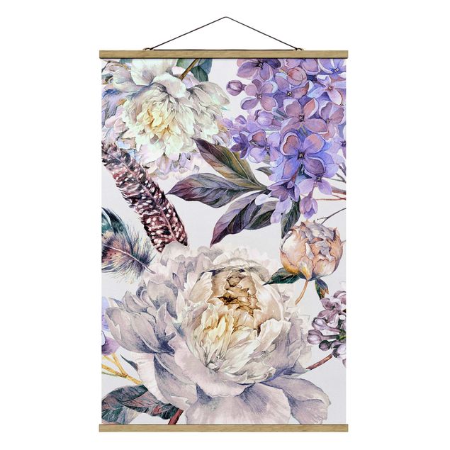Quadros penas Delicate Watercolour Boho Flowers And Feathers Pattern