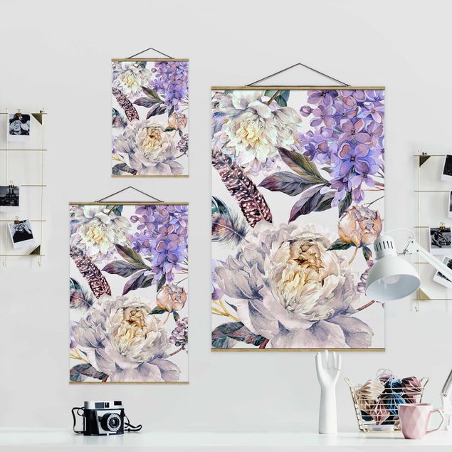 quadro de tecido para parede Delicate Watercolour Boho Flowers And Feathers Pattern